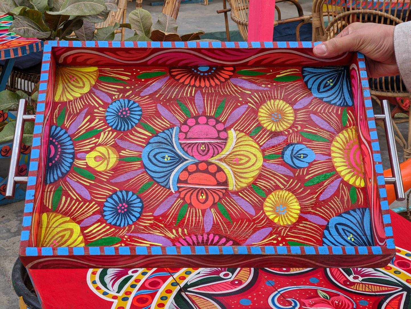 Truck Art Wooden Tray - Blue Floral Design (Large 37x27 cm)