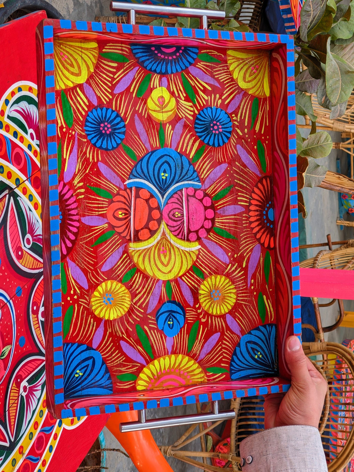 Truck Art Wooden Tray - Blue Floral Design (Large 37x27 cm)