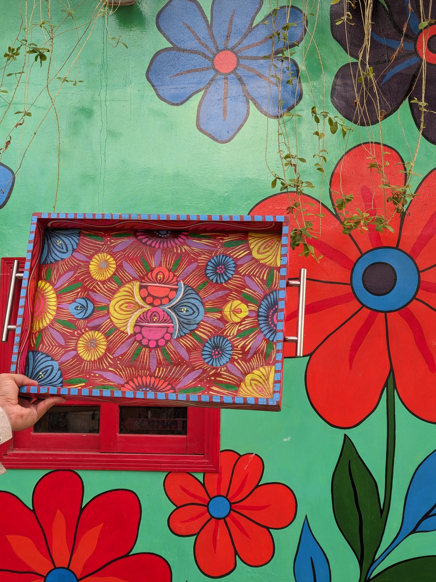 Truck Art Wooden Tray - Blue Floral Design (Large 37x27 cm)
