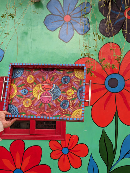 Truck Art Wooden Tray - Blue Floral Design (Large 37x27 cm)