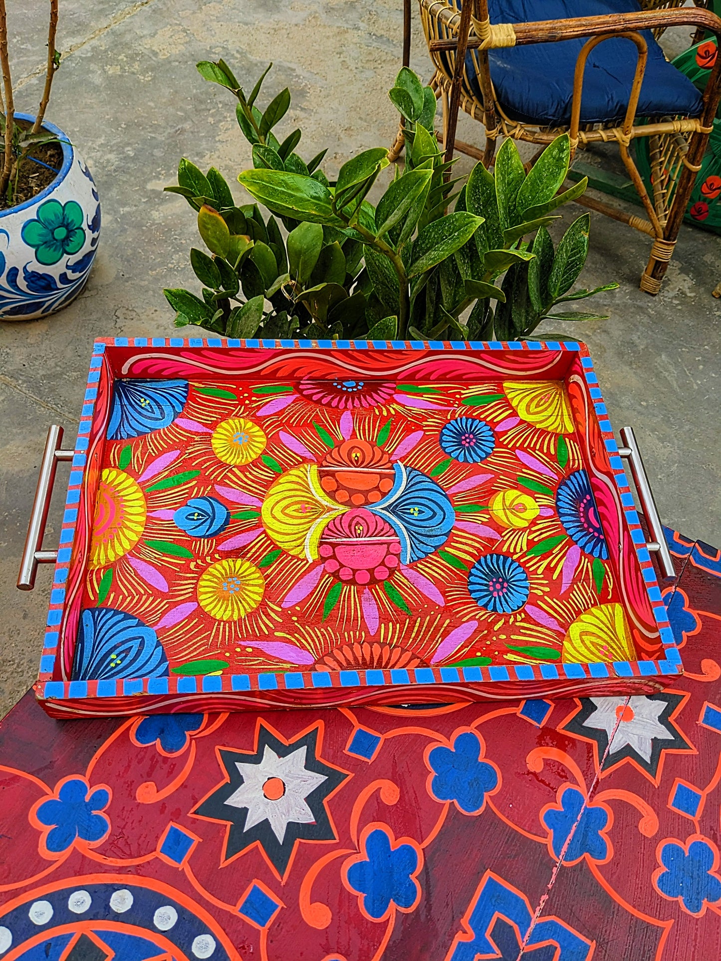 Truck Art Wooden Tray - Blue Floral Design (Large 37x27 cm)