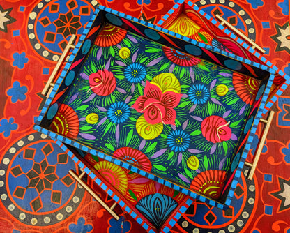 Truck Art Wooden Tray - Blue Floral Design (Large 37x27 cm)