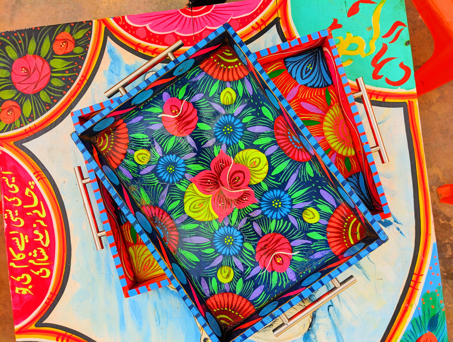 Truck Art Wooden Tray - Blue Floral Design (Large 37x27 cm)