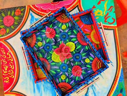 Truck Art Wooden Tray - Blue Floral Design (Large 37x27 cm)